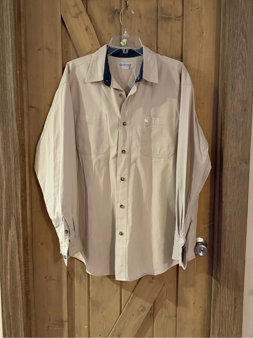 Vtg Carhartt Beige Button-Down Shirt with Navy Contrast Collar Mens XL